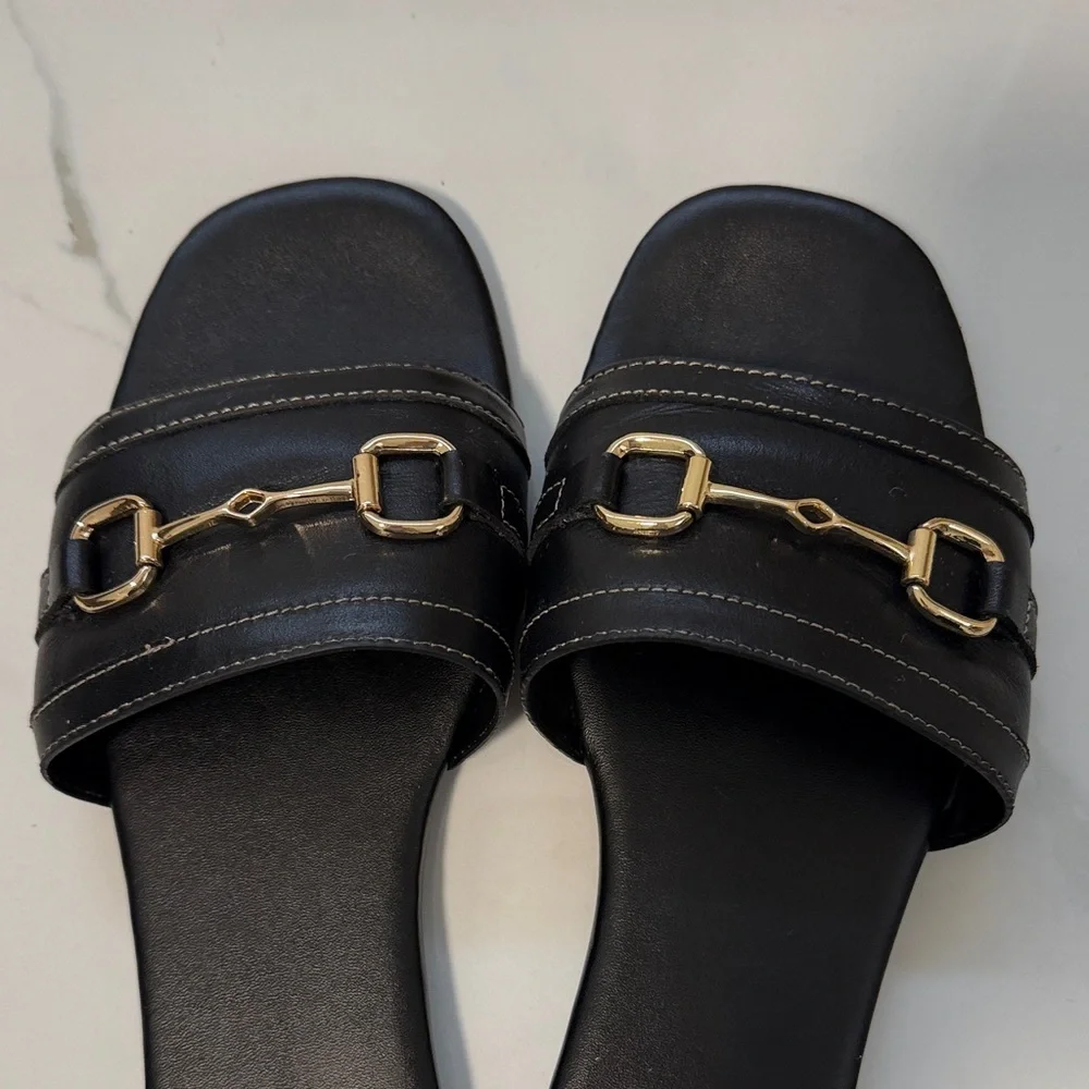 Mango Black Slide Sandals with Gold Horsebit Trim - Picture 7 of 8
